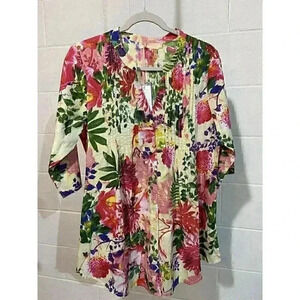LA CERA Women's Tunic Top MEDIUM Floral Colorful 100% Cotton‎ Pintucked Boho NWT